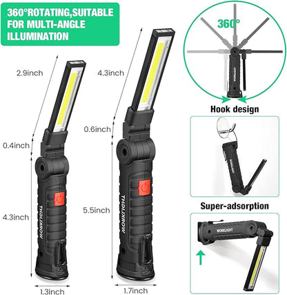Honoson 4 Pieces LED Work Light Cob Rechargeable Work Flashlight with Magnetic Base, Hanging Hook and 360° Rotate 5 Modes Portable LED Flashlight for Car Repair, Household and Outdoor(Small, Large)