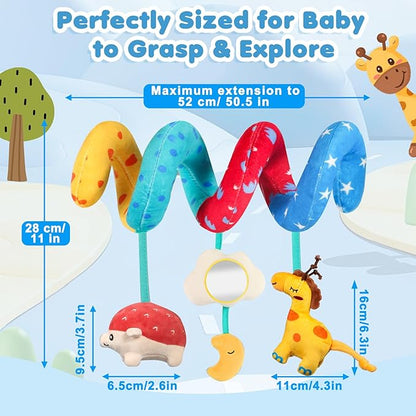URMYWO Spiral Car Seat Toys for Babies 0-6 Months, Hanging Toy Fits Stroller, Developmental Sensory Baby Toy with Bell Crinkle Mirror, Baby Travel Gear Shower Gift for Boys Girls