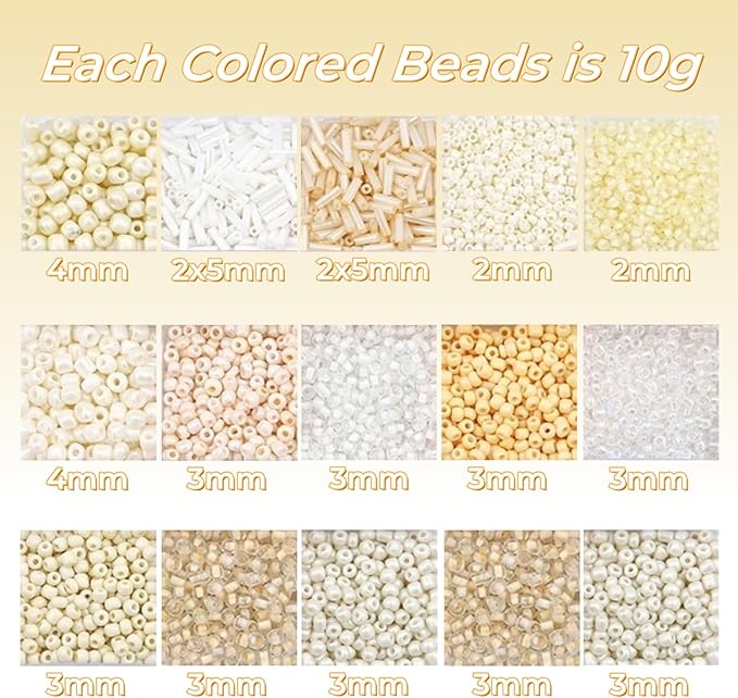 15 Color 4mm Small Assorted Glass Seed Beads,3mm Bugle Beads Friendship Bracelet Kit,2mm Tiny Tube Bead for Jewelry Making(White)