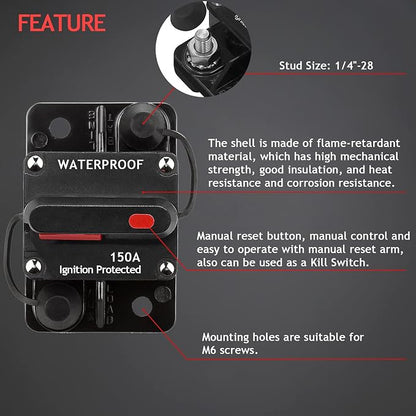 3 Pack Car Audio 150 Amp Resettable Fuse Circuit Breaker Car Protect for Audio System Fuse 12-48V DC for Car Audio Amps Overload Protection Fuse