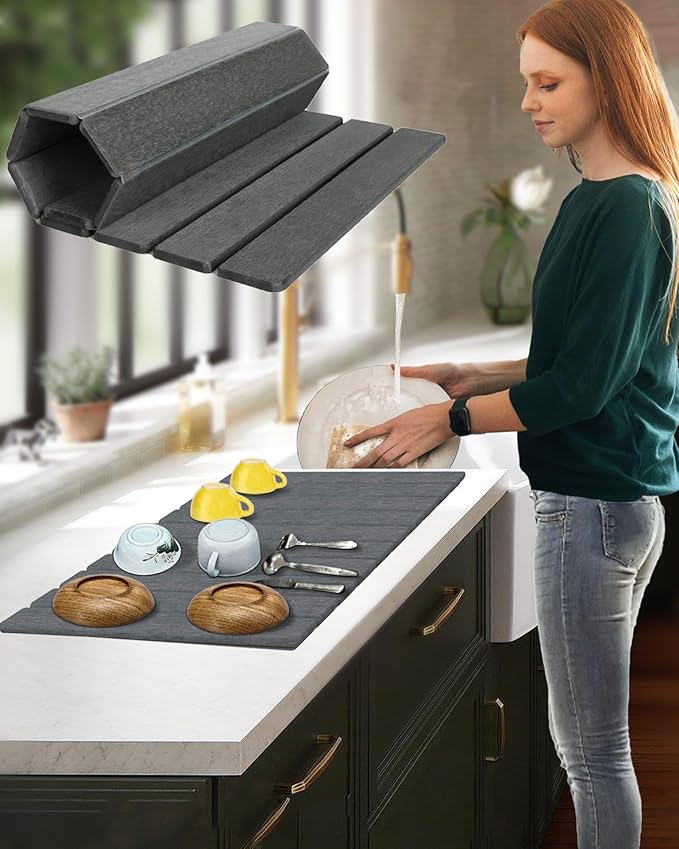 Large Stone Dish Drying Mat for Kitchen Counter, 24x16 Inches Foldable