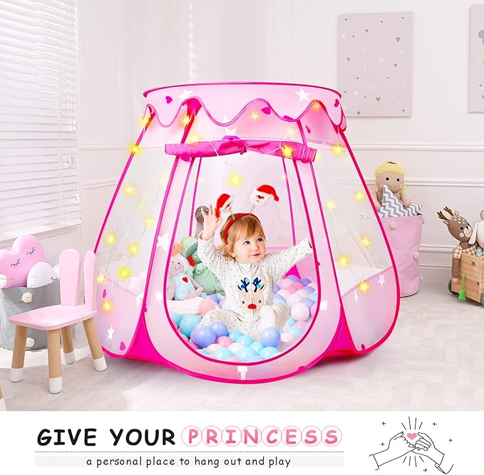 Princess Tent Girls Kids Playhouse Pop Up Play Tent with Star Light Tent for Kids Ball Pit Toys for 1,2,3 Years Girl Birthday Gift for Indoor Outdoor Toddler Girl Gift, Easy to Pop Up and Assemble