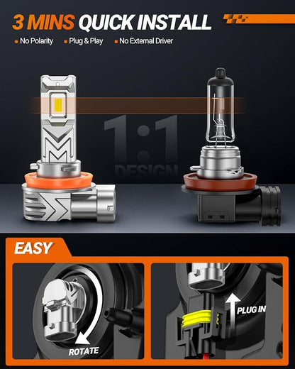 SEALIGHT H11 LED Fog Light Bulb, 17000LM 6500K White, 800% Brighter, Copper Cooling, 1:1 Size, Replacement for H16/H8/H11 LED Fog Lights, Plug & Play, IP68 Waterproof, 60,000Hrs Lifespan, Pack of 2