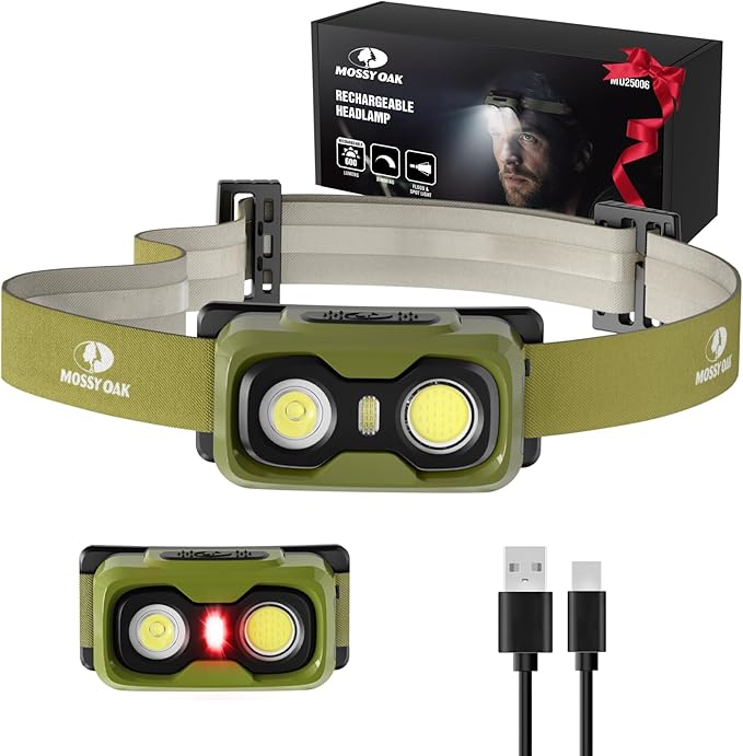 Mossy Oak 600 Lumens Rechargeable Headlamp, Lightweight LED Headlight with White & Red Light, Waterproof Head Lamp with Non-Slip Band, Dimmable & Memory Function for Camping, Running, Hiking, Outdoor