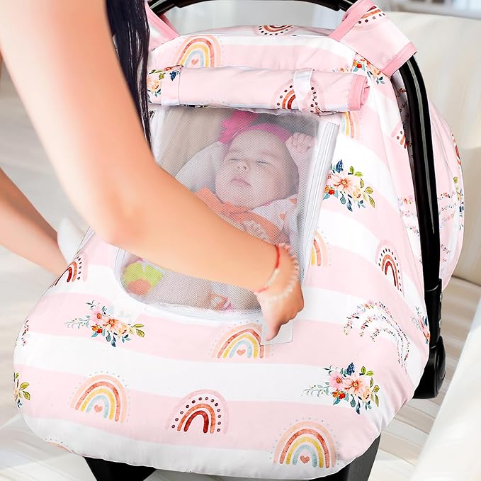 Pea Pod Car Seat Cover Baby, Infant Car Seat Canopy Covers for Newborn with 2 Layers Windows of Breathable Mesh Fabric, Lightweight Polyester/Soft Minky Dot Backing (Floral & Rainbow)