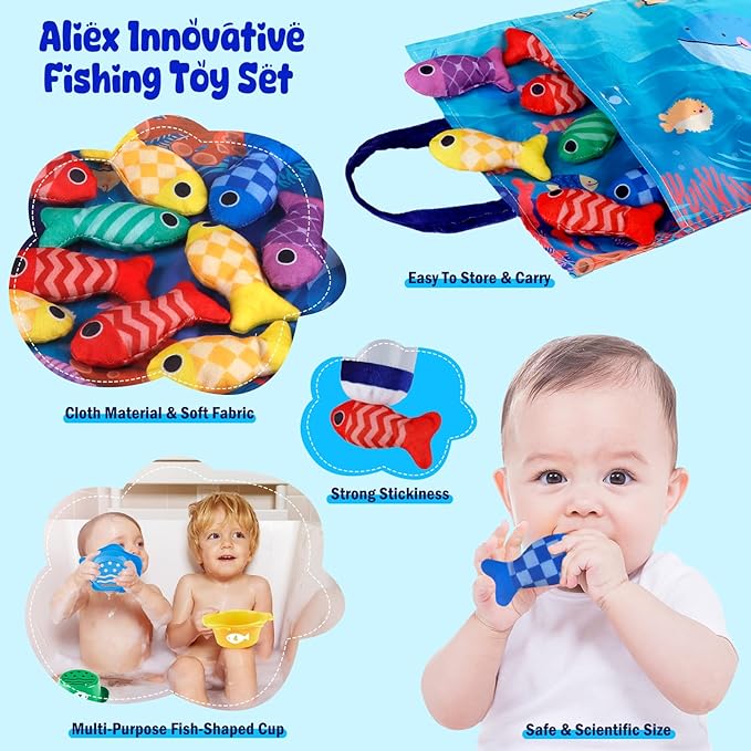 Montessori Fishing Game for Toddlers 1-3, Cloth Fishing Toys for Toddlers with Stacking Cups Educational Learning Toys - Number Counting, Color Sorting, Baby Sensory Toy for 6-12 Months, Baby Gifts
