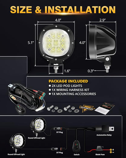 Auxbeam P4 Series Flood Beam LED Pods 4 Inch 90W Round Offroad Fog Lights Driving Flood Light Bar Bumper A-Pillar Hood Mount for Trucks ATV UTV Motorcycle Jeep