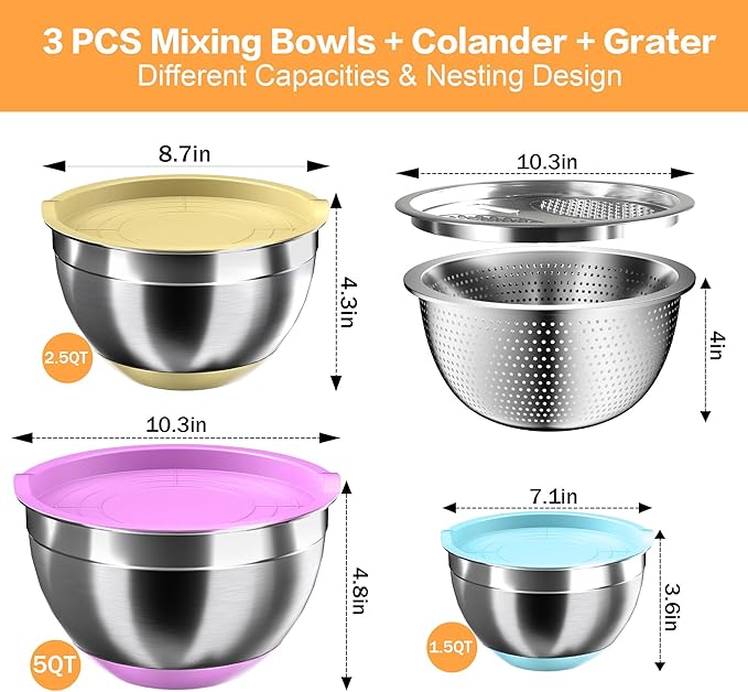 Nicdiet Mixing Bowls with Airtight Lids, Stainless Steel Mixing Bowl Set with 3