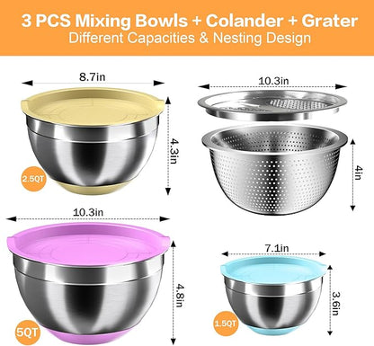 Nicdiet Mixing Bowls with Airtight Lids, Stainless Steel Mixing Bowl Set with 3