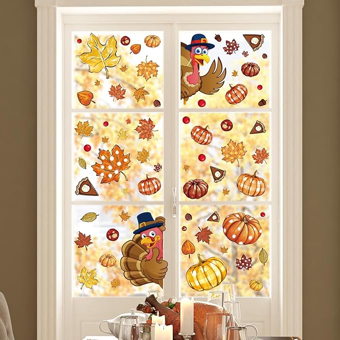 Whaline 9 Sheet Thanksgiving Fall Window Clings Turkey Pumpkin Maple Leaf Reusable Window Decals for for Autumn Harvest Seasonal Holiday School Office Supplies Glass Home Decor