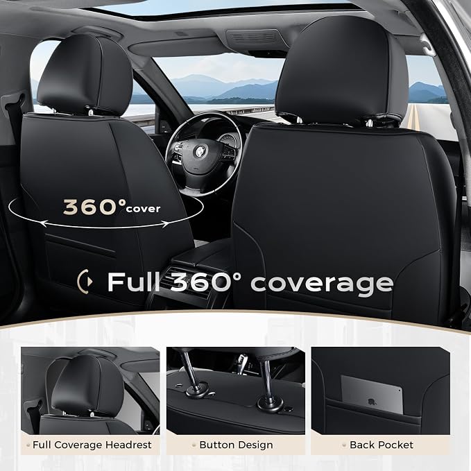 Coverado Car Seat Covers for Cars, Waterproof Automotive Seat Protectors, Leather Car Seat Covers Full Set, 5 Seats Driver Protectors Universal Fit for Cars SUVs, Trucks, Car Accessories - Black&Gray