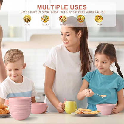HOTEC Unbreakable Wheat Straw Cereal Bowls - Microwave & Dishwasher Safe Soup and Salad Bowls, Set of 8, 26oz, BPA Free,Pink