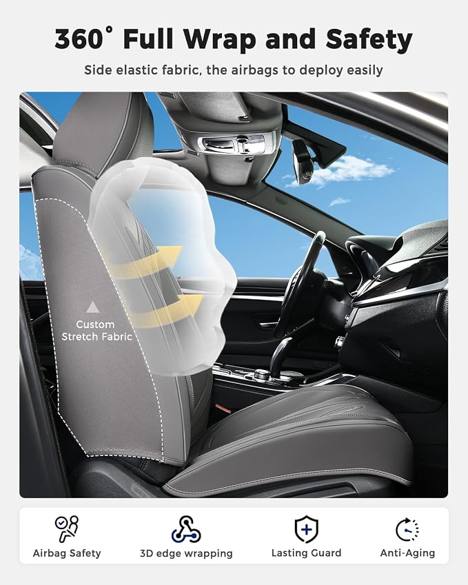Huidasource Car Seat Covers Full Set, Universal Fit for Most Cars SUV Trucks, Full Coverage Nappa Leather Seat Cover, Airbag, Cupholder Compatible, Velcro Adjustable, Seat Function Retain, Gray