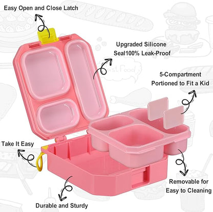 Itslife Bento Lunch Box Set for Kids with 12oz Soup Thermo&Lunch Bag, Leak-Proof Lunch Food Containers for Kids School, 5 Compartment, Sauce Cup, 10 Notes (Mermaids Pink)