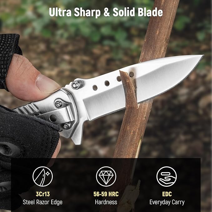 Pocket Knife for Men - 2.98" Sharp Blade Wood Handle Pocket Folding Knives with Clip, Glass Breaker - Small EDC Knives for Survival Camping Hunting Fishing Hiking Women, Silver