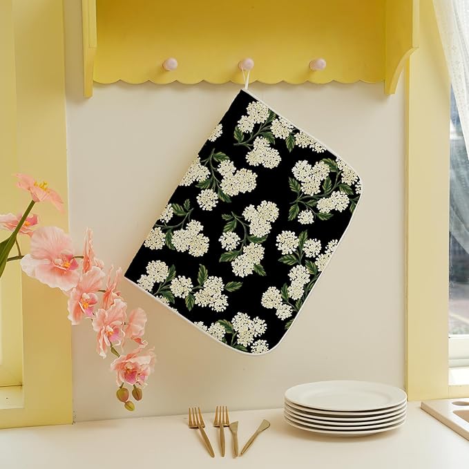 Black Dish Drying Mat 18x24 Inch Green Vintage Floral Hydrangea Flower Drying