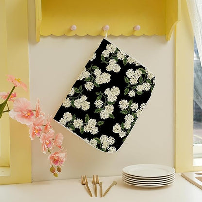 Black Dish Drying Mat 18x24 Inch Green Vintage Floral Hydrangea Flower Drying