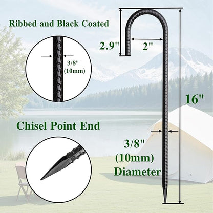 16 Inch Rebar Stakes J Hook 26 Pack Ground Stakes Heavy Duty Tent Stakes with Chisel Point End Chain Link Fence Stakes Galvanized Steel Ground Anchors Metal Spikes Black Coated