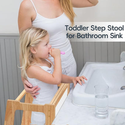4 in 1 Kids Toddler Kitchen Stool Helper with Double-Sided Whiteboard, Wooden Toddler Learning Standing Tower, Non-Skid Feet Children Step Stool for Kitchen Counter, Bathroom Sink, Adult Use