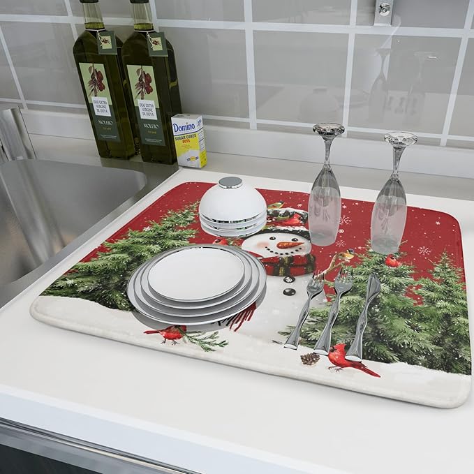 Christmas Dish Drying Mat for Kitchen Counter Snowman Green Christmas Tree