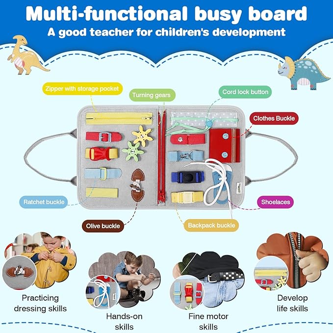 Busy Board Montessori Toys for 1 2 3 4 Year Old Boy & Girl Birthday Gifts, Autism Sensory Travel Toy for Toddlers 1-3, Educational Activity Sensory Board Learning Fine Motor Skills Toys, Gray