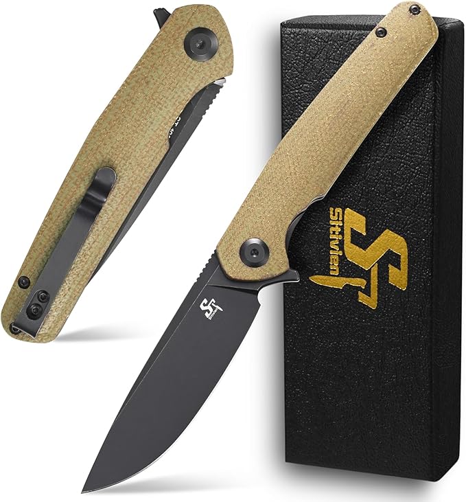Sitivien ST102 Folding Knife, D2 Steel Blade+Micarta Handle EDC Tool Knife for Outdoor, Camping, Hunting, Survival (Green) …