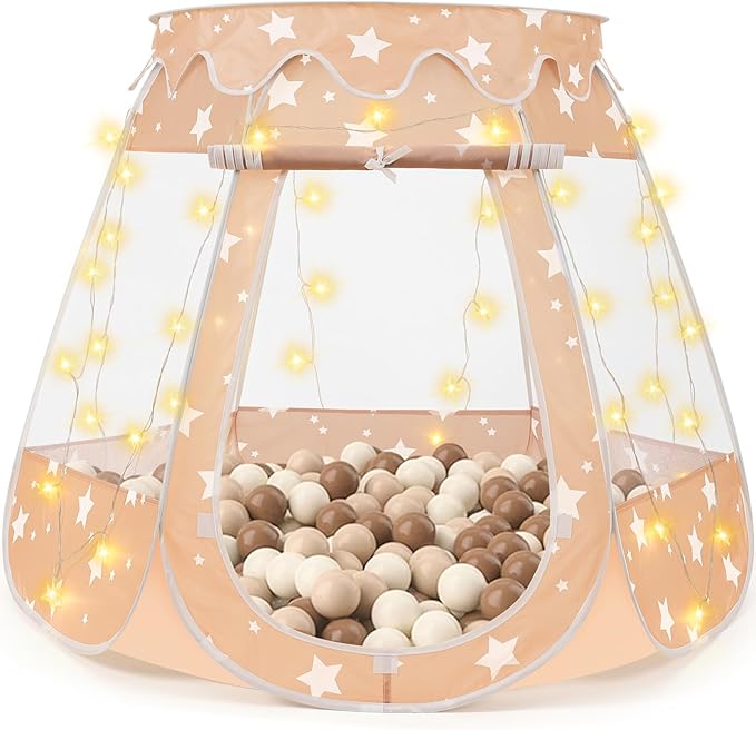 Pop Up Princess Tent with Star Light, Toys for Year Old Girl Birthday Gift, Ball Pit for Toddler Girl Toys, Easy to Pop Up and Assemble(Brown)