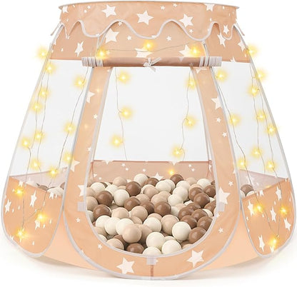 Pop Up Princess Tent with Star Light, Toys for Year Old Girl Birthday Gift, Ball Pit for Toddler Girl Toys, Easy to Pop Up and Assemble(Brown)