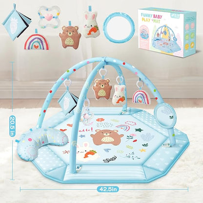 Baby Gym Play Mat, 8-in-1 Tummy Time Mat & Ball Pit with 6 Toys, Washable Baby Activity Mat for Visual, Hearing, Sensory, Motor Development, Baby Gift for Newborn Infant 0-3-6-9-12 Months (Blue)