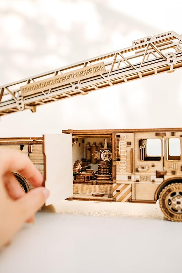 Wood Trick Rescue Firetruck Movable - Rotating Extendable Ladder - 3D Wooden Puzzles for Adults to Build - Rides up to 20 ft - Wooden Models Engineering DIY Project Mechanical Model Kit