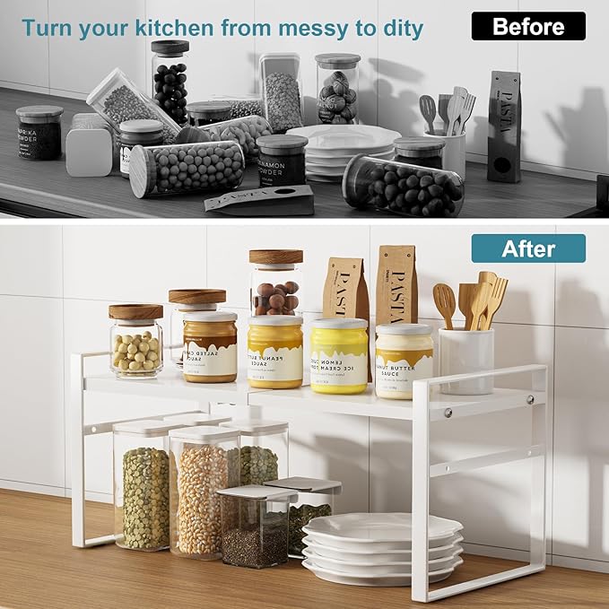 Expandable Cabinet Shelf Organizer Riser for Kitchen Pantry Cupboard Under Sink Countertop Home Storage Organization Rack Space Saver