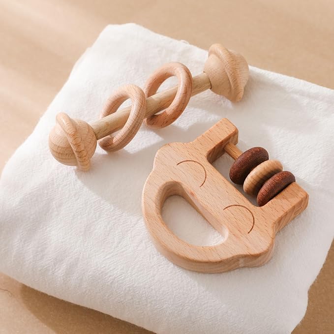 Wooden Baby Rattle, Newborn Wooden Rattle Toy, Natural Wooden Montessori Baby Grip Toy, Baby Gift Toy, Wooden Rattle Set 2PCS