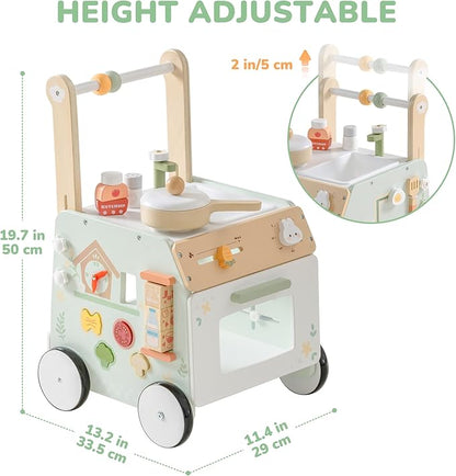 ROBOTIME Baby Walker Push Toy, Adjustable Height & Speed, Prevents Bow Legs, Spring Garden Activity Center with Clock, Shape Sorter, Play Kitchen, and Sink, Ideal Toddler Walking Toy for 10+ Months