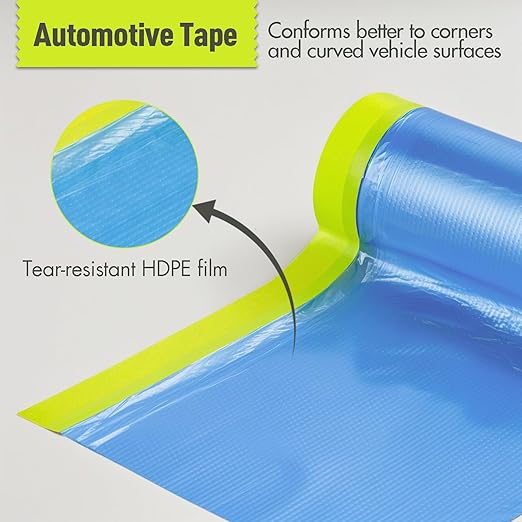 Tangibay Pre-Taped Masking Film for Painting - 22" x 66' Painters Plastic Sheeting with Automotive Paint Tape and Drape for Covering Cars, Walls, Windows and Furniture Protection (3 Rolls)