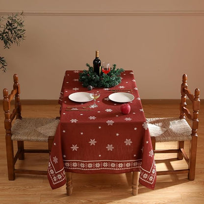ISAENNE Designer Christmas Red Extra Long Rectangle Tablecloth,Linen Table Cloth with Snowflakes Pattern,Wrinkle Resistant Decor Tablecloths for Dining Kitchen Thanksgiving,63"*110"-Carol C