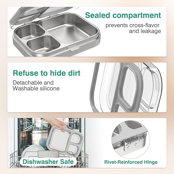 Stainless Steel Lunch Box, 3 Compartments Metal Bento Box for Kids Adults, Leak-Proof Lunch Box for School Office, Dishwasher Safe, BPA-Free, Tritan Lid, Grey