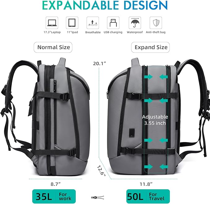 Laptop Backpack for Women, 50L Carry On Backpack Men, Expandable Flight