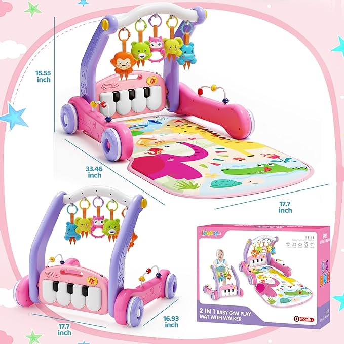 2 in 1 Baby Gym Play Mat with Walker, Kick and Play Piano Gym Activity for Boys Girls, Musical Activity Center Tummy Time Mat for 0-3-6-12-18 Months, Learning Walker Play Gym for Infant Toddler Gift