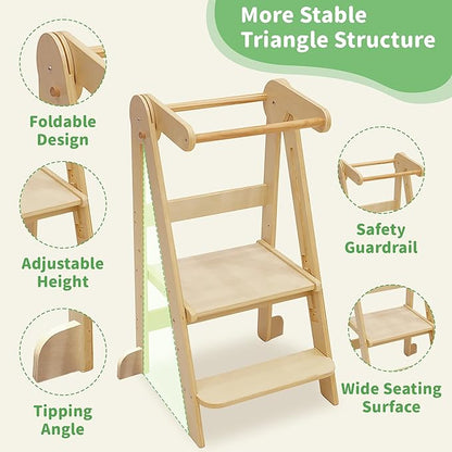 Foldable Toddler Tower 95% Preassembled Kitchen Stool Helper Folding Step Stool for Kids with 3 Adjustable Height Montessori Toddler Standing Tower for Kitchen Counter Sink Natural