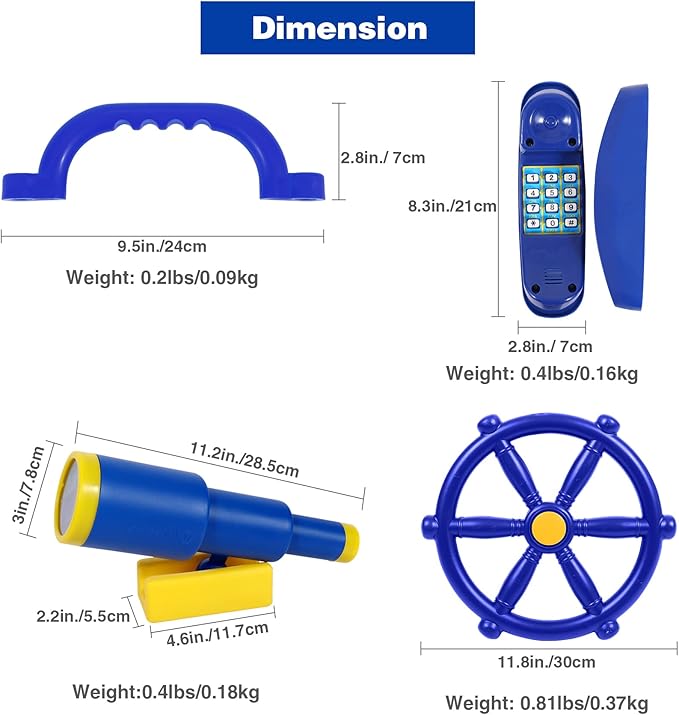 RedSwing Playground Accessories for Kids Outdoor, Playground Equipment Set for Backyard Playhouse, Swingset Attachments with Pirate Ship Wheel, Toy Telescope, Telephone and Safety Handles, Blue