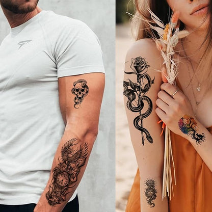 77 Sheets Temporary Tattoo for Women Men, 17 Sheets Half Arm Snake Skull Butterfly Fake Tattoos, 60 Sheets Cat Feater Wings Tiny for Adult Kids Party Body Tattoos Stickers Realistic Long Lasting