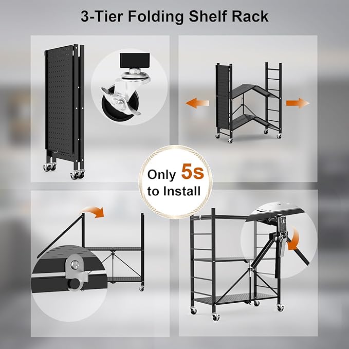 Himix Storage Shelves with 6 Hooks, 3 Tier Foldable Shelf with Wheels, Metal