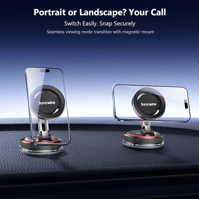 SYNCWIRE for MagSafe Car Mount [2-Axis Design] Nano Adhesive Gel + Suction Cup Magnetic Phone Holder for Dashboard & Windshield, 360° Adjustable for iPhone 17 16 15 14 13 12 11, Samsung, Matte Black
