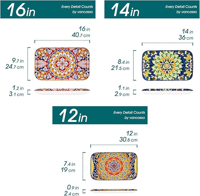 vancasso Serving Platters Set of 3, 16"/14"/12" Inch Rectangular Trays - Serving Platter Extra Large, Bohemian Ceramic Serving Dish for Entertaining Food, Microwave & Dishwasher Safe, Colorful