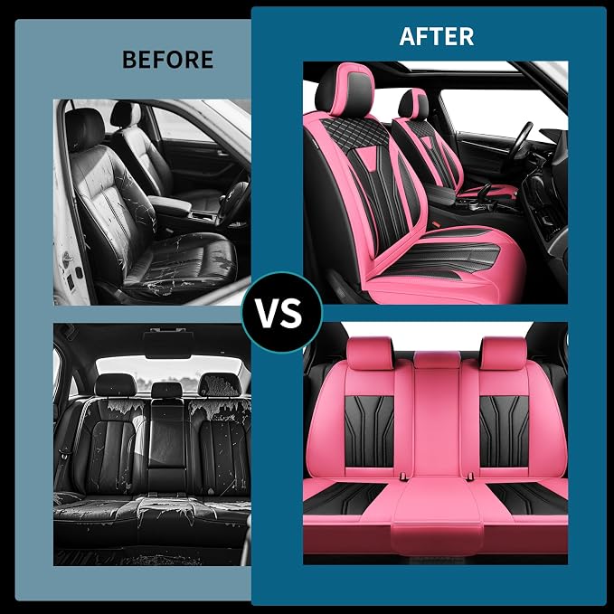 Fit Liberty Car Seat Covers for Jeep Liberty 2002-2011 2012 -Full Set Premium Leather, Waterproof & Breathable，All-Weather Seat Cushion Protecto & Airbag Compatible, 5 Seats Pink&Black