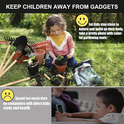 Kids Garden Tools, Rake and Shovel Set, 7 Pieces Gardening Tools for Yard, Beach, Camping Play, Outside Toys for Kids Ages 3 up Gift