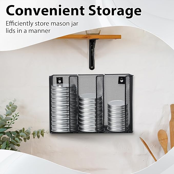 Wall Mounted Mason Jar Lid Organizer Metal Mason Jar Lid Holder 3-Compartment