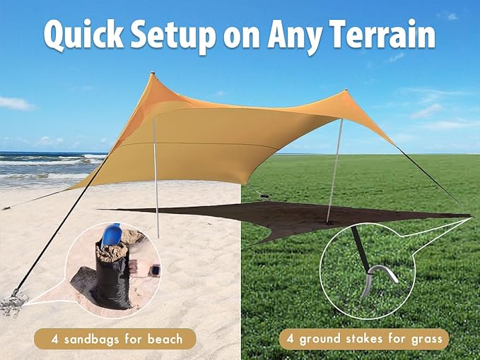 10×10ft UPF50+ Beach Tent Sun Shelter, Windproof Stable Outdoor Pop Up Beach Shade Canopy for Camping, Fishing, Backyard Fun or Picnics, 2 Poles