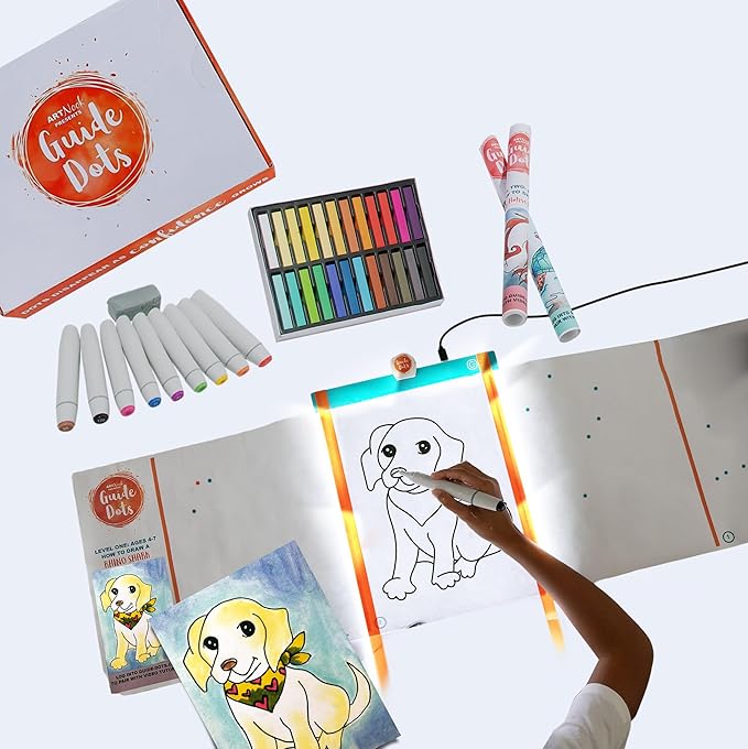 Guide Dots Kid’s Discover Art Kit with Light Up Bright Board – Children’s Drawing Kit – Video Instructions – Art Supplies, Markers, Chalk Pastels – Gift for Boys & Girls – Ages 4-7