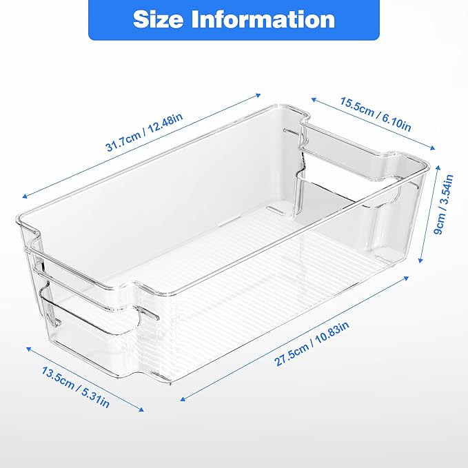 Clear Refrigerator Storage Bins, 8-Piece Set, Stackable Kitchen Organizer Containers for Fridge and Pantry (Clear 8 Pack-12.4"*6.1"*3.4")